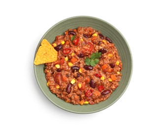 Photo of Tasty chili con carne in bowl and nachos isolated on white, top view