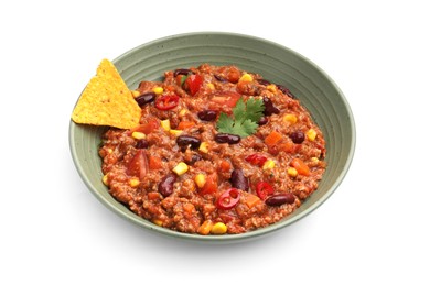 Photo of Tasty chili con carne in bowl and nachos isolated on white