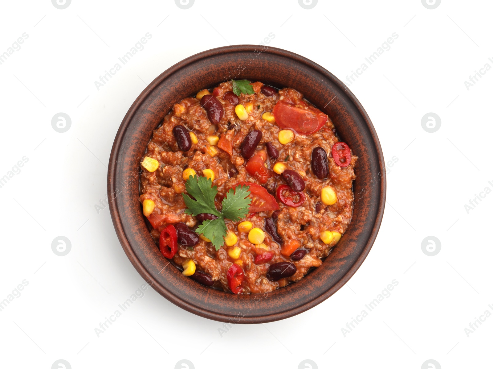 Tasty chili con carne in bowl isolated on white, top view Photo of Tasty chili con carne in bowl isolated on white, top view