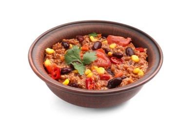 Photo of Tasty chili con carne in bowl isolated on white