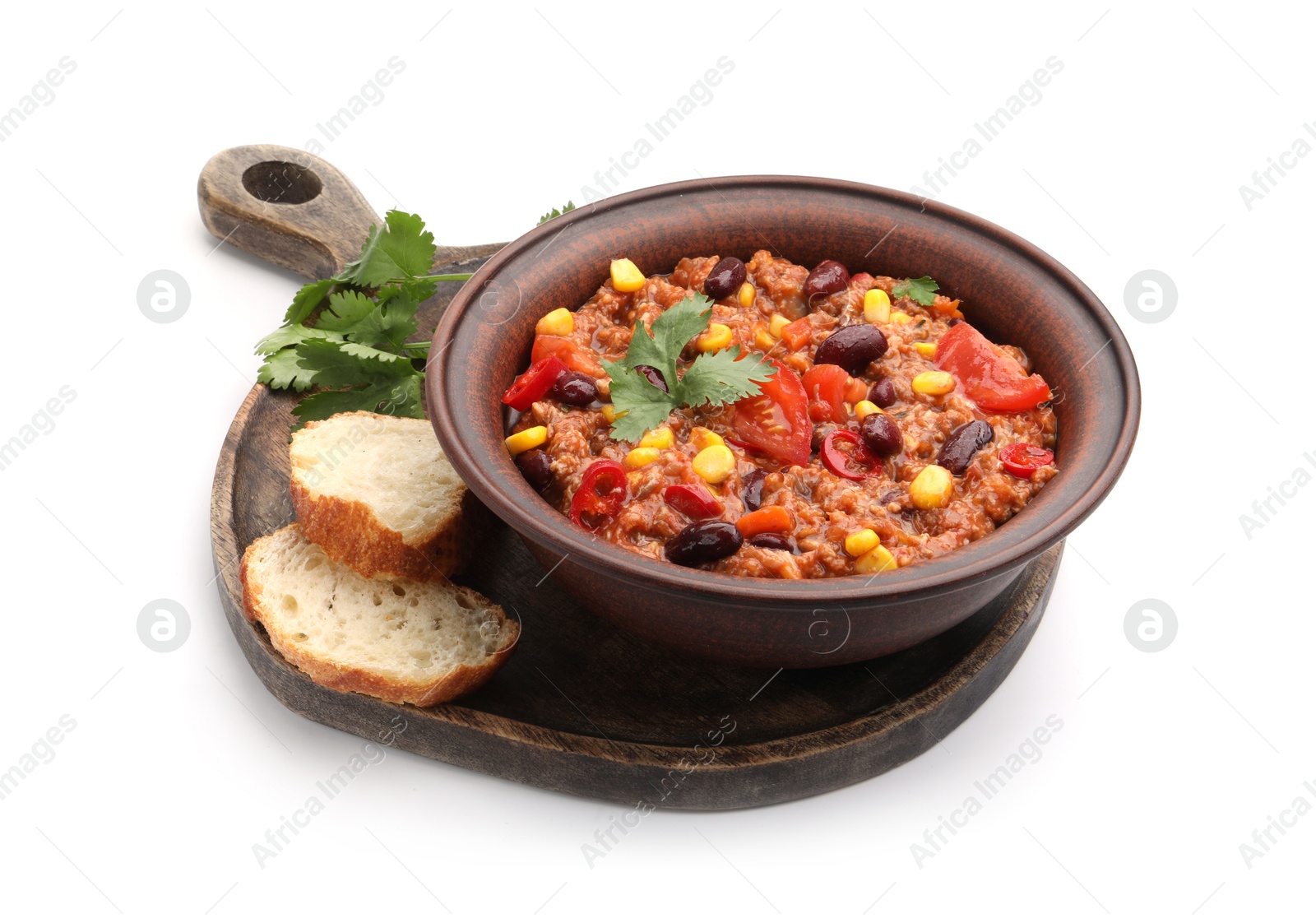 Tasty chili con carne in bowl and bread slices isolated on white Photo of Tasty chili con carne in bowl and bread slices isolated on white