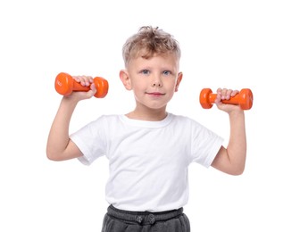 Photo of Little boy exercising with dumbbells on white background