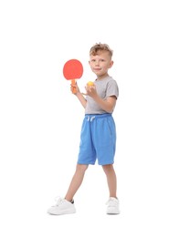 Photo of Little boy with ping pong racket and ball on white background