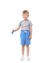 Photo of Little boy with jump rope on white background