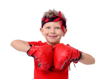 Photo of Little boy with boxing gloves on white background