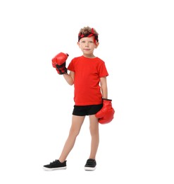Photo of Little boy with boxing gloves on white background