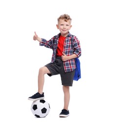 Photo of Little boy with soccer ball and sports string bag showing thumbs up on white background