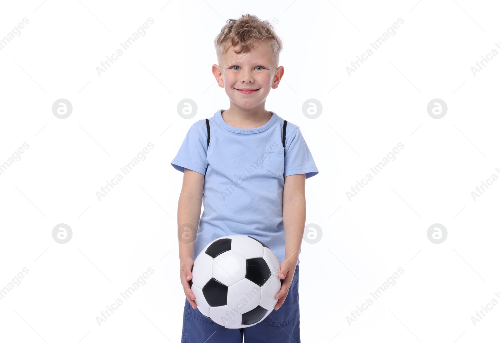 Little boy with soccer ball on white background Photo of Little boy with soccer ball on white background