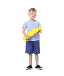 Photo of Little boy with penny board on white background