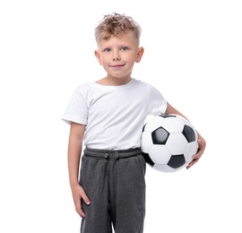 Photo of Little boy with soccer ball on white background