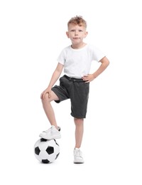Photo of Little boy with soccer ball on white background