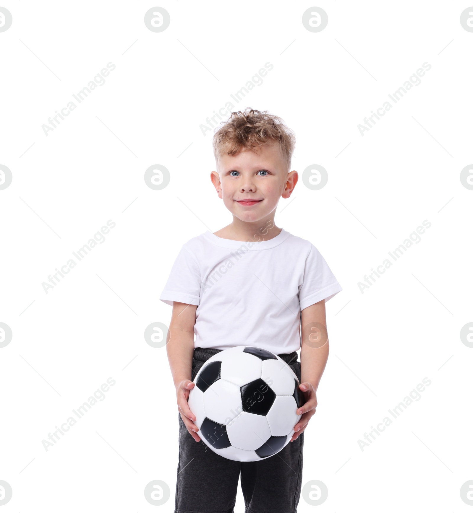 Little boy with soccer ball on white background Photo of Little boy with soccer ball on white background