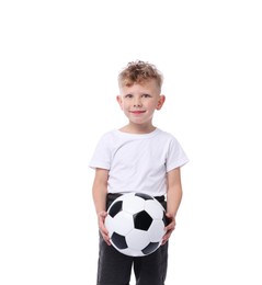 Photo of Little boy with soccer ball on white background