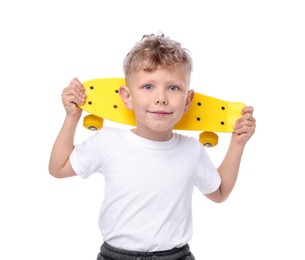 Photo of Little boy with penny board on white background