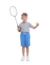 Photo of Little boy with badminton racket and shuttlecock on white background