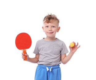 Photo of Little boy with ping pong racket and ball on white background
