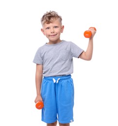 Photo of Little boy exercising with dumbbells on white background