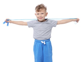 Photo of Little boy with jump rope on white background