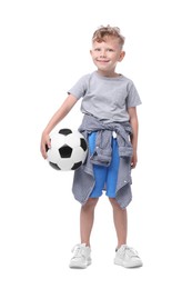 Photo of Little boy with soccer ball on white background