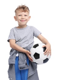 Photo of Little boy with soccer ball on white background