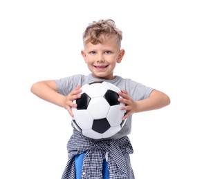 Photo of Little boy with soccer ball on white background