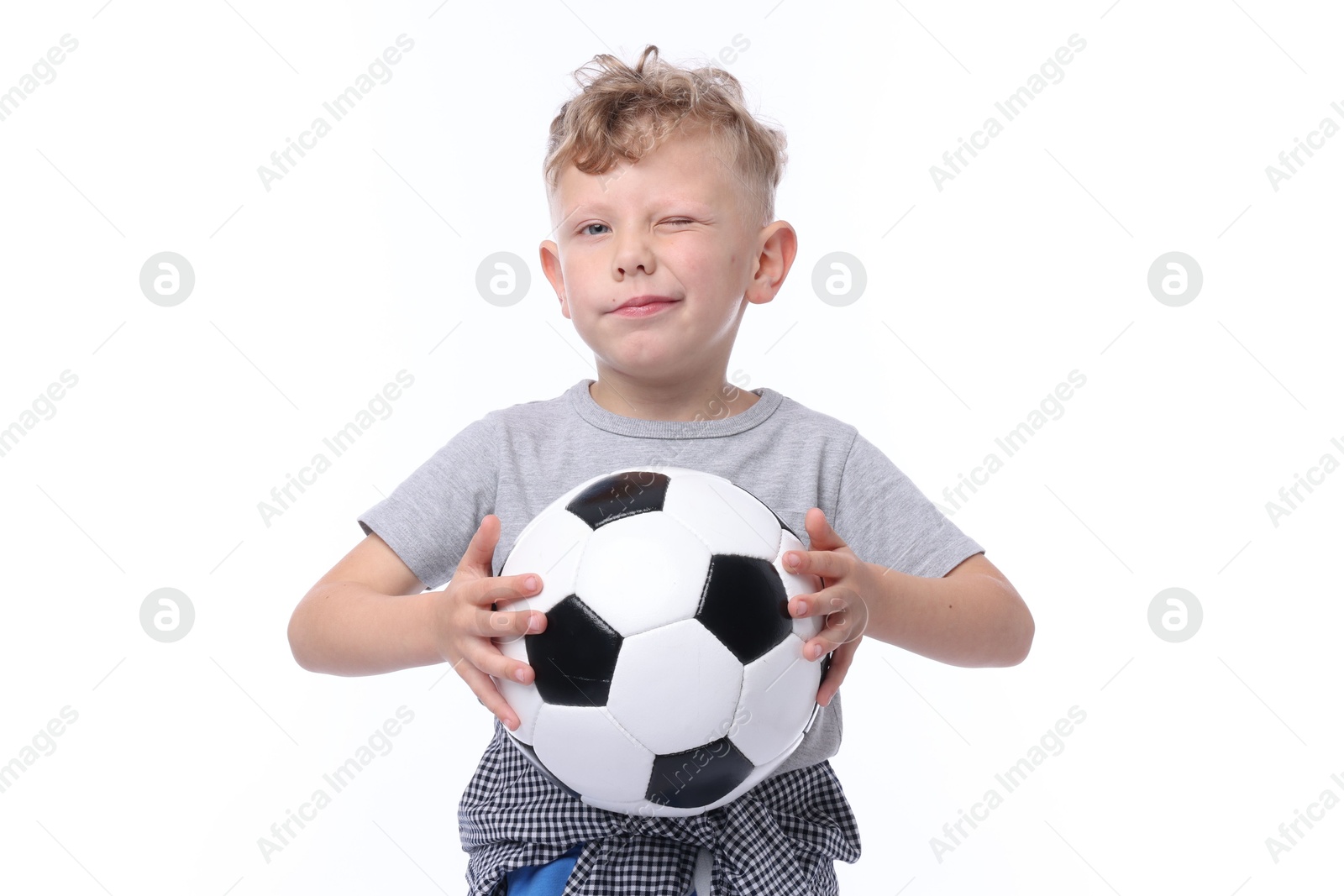 Little boy with soccer ball on white background Photo of Little boy with soccer ball on white background