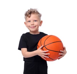 Photo of Little boy with basketball ball on white background