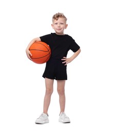 Photo of Little boy with basketball ball on white background