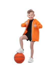 Photo of Little boy with basketball ball showing thumbs up on white background