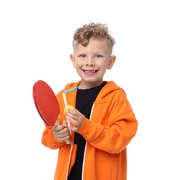 Photo of Little boy with ping pong racket and ball on white background