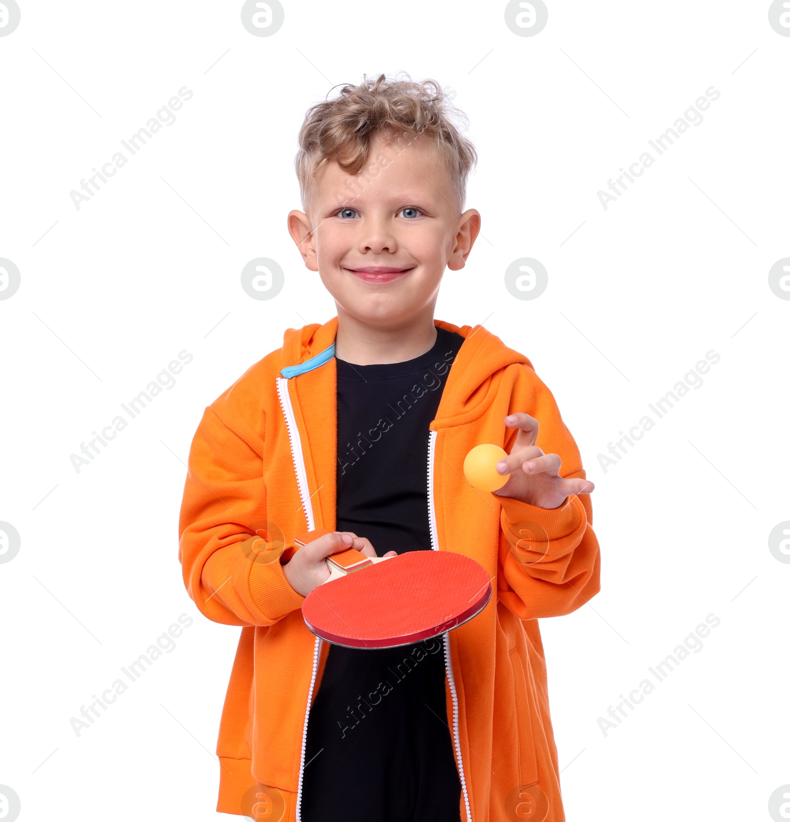 Little boy with ping pong racket and ball on white background Photo of Little boy with ping pong racket and ball on white background