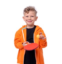 Photo of Little boy with ping pong racket and ball on white background