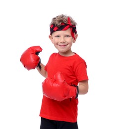 Photo of Little boy with boxing gloves on white background