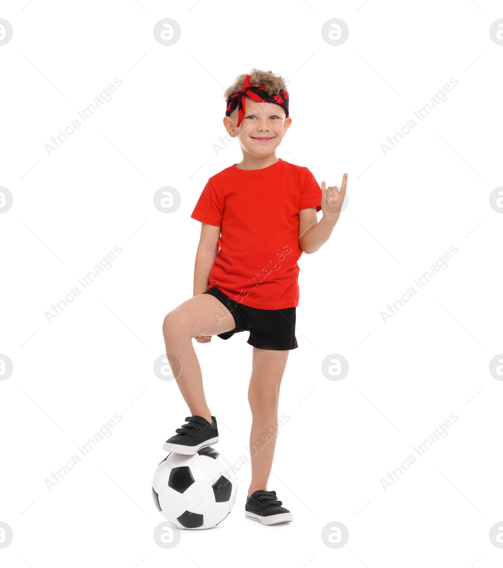 Little boy with soccer ball on white background Photo of Little boy with soccer ball on white background