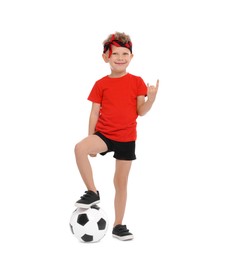 Photo of Little boy with soccer ball on white background