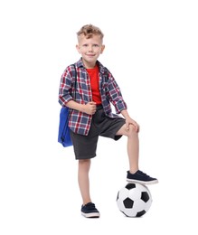 Photo of Little boy with soccer ball and sports string bag on white background