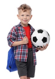 Photo of Little boy with soccer ball and sports string bag on white background