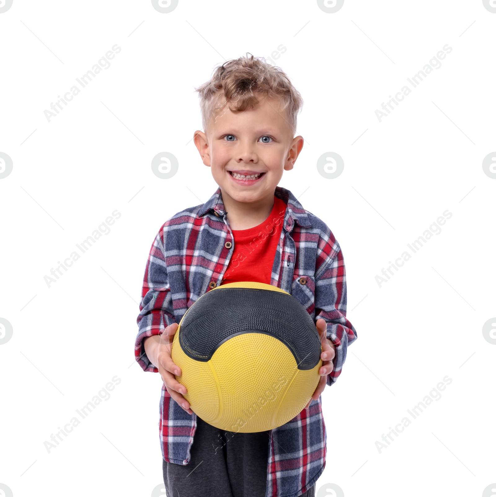 Little boy with medicine ball on white background Photo of Little boy with medicine ball on white background