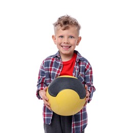 Photo of Little boy with medicine ball on white background