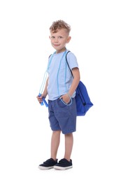 Photo of Little boy with jump rope and sports string bag on white background