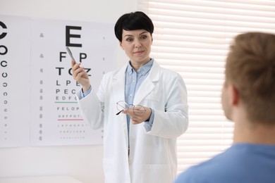 Photo of Professional ophthalmologist examining patient's vision in clinic