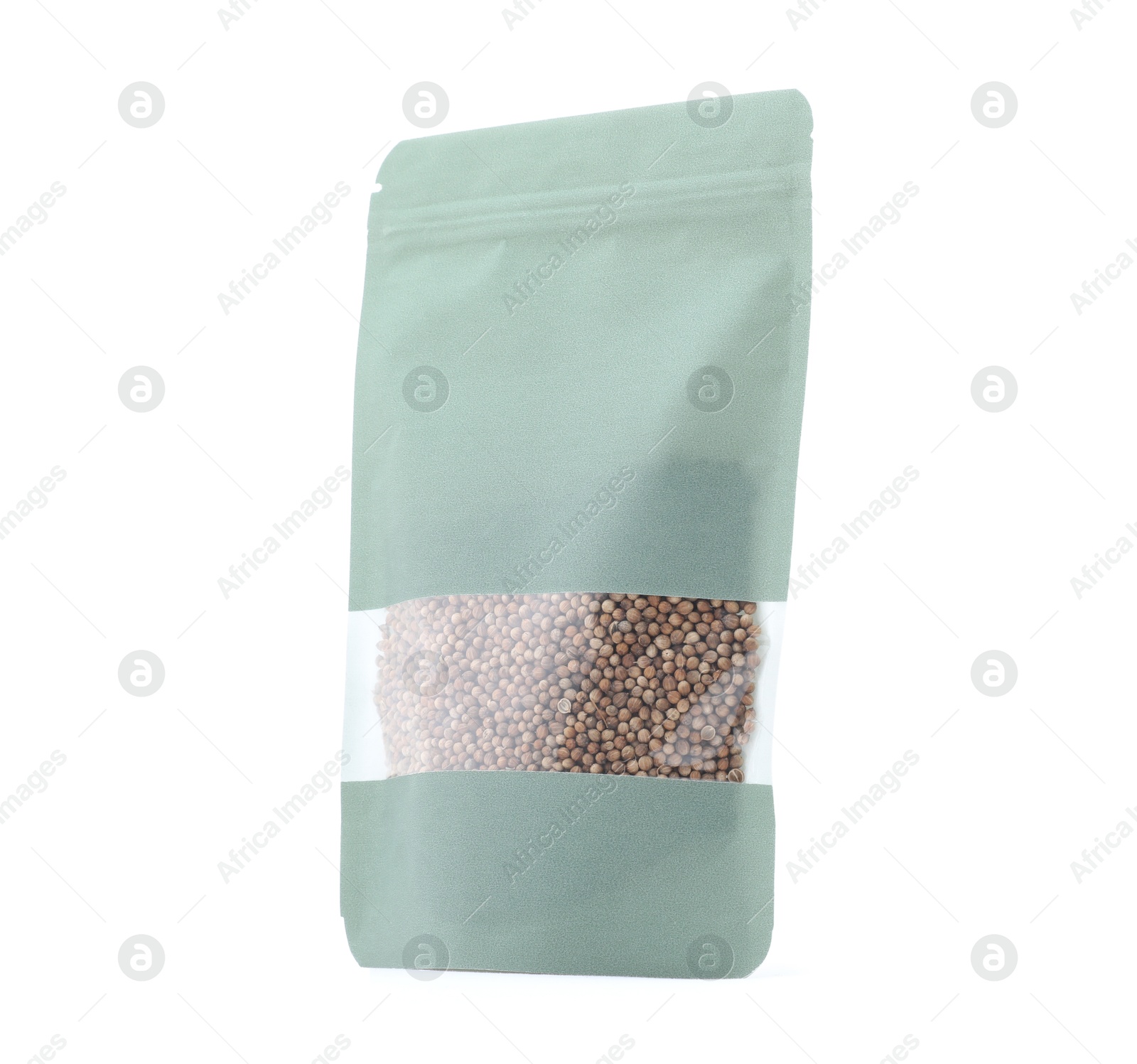 One zipper stand-up pouch with seeds isolated on white. Mockup for design Photo of One zipper stand-up pouch with seeds isolated on white. Mockup for design