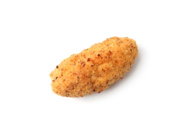 Photo of One tasty fried croquette isolated on white, top view