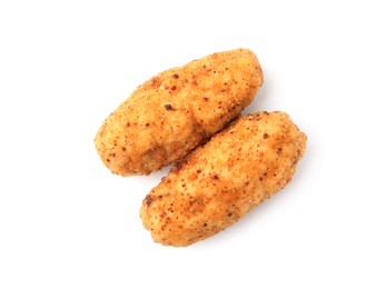 Photo of Tasty fried golden croquettes isolated on white, top view