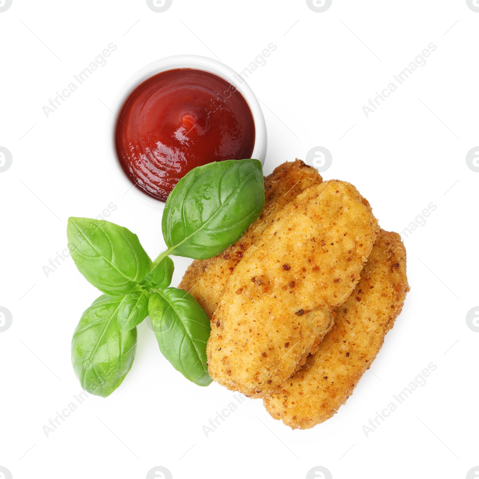 Tasty fried croquettes, basil and sauce isolated on white, top view Photo of Tasty fried croquettes, basil and sauce isolated on white, top view
