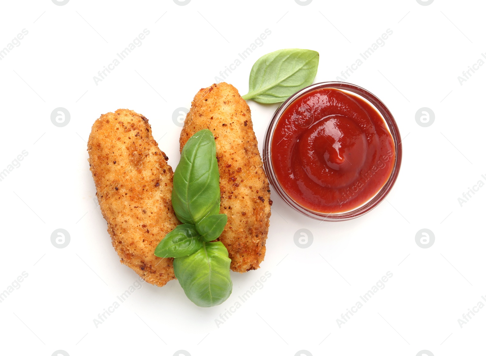 Tasty fried croquettes, basil and sauce isolated on white, top view Photo of Tasty fried croquettes, basil and sauce isolated on white, top view