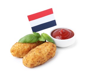Photo of Tasty fried croquettes, basil, sauce and flag of Netherlands isolated on white