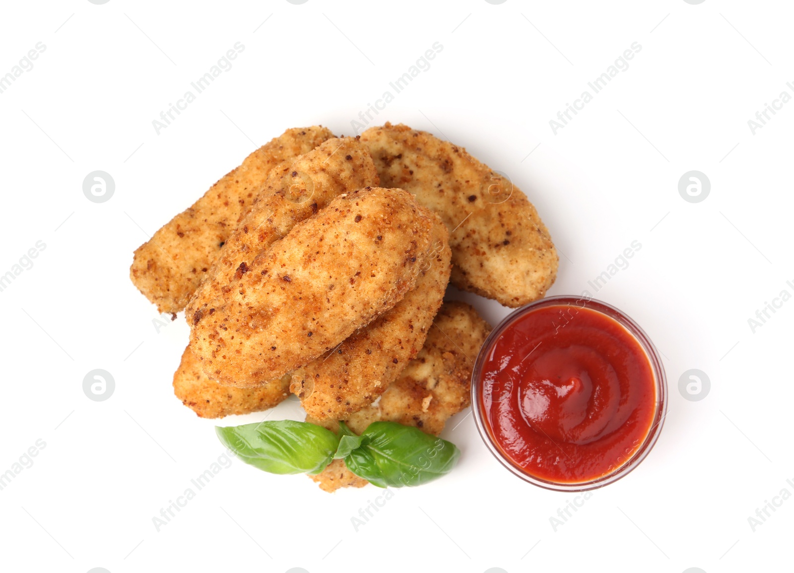 Tasty fried croquettes, basil and sauce isolated on white, top view Photo of Tasty fried croquettes, basil and sauce isolated on white, top view