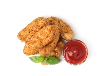 Photo of Tasty fried croquettes, basil and sauce isolated on white, top view