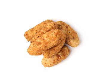 Photo of Tasty fried golden croquettes isolated on white, top view